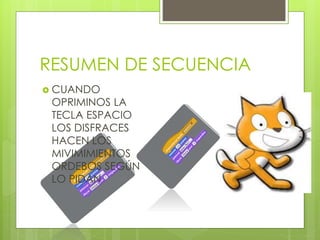  CUANDO
OPRIMINOS LA
TECLA ESPACIO
LOS DISFRACES
HACEN LOS
MIVIMIMIENTOS
ORDEBOS SEGÚN
LO PIDAN
RESUMEN DE SECUENCIA
 