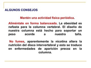 ALGUNOS CONSEJOS

         Mantén una actividad física periódica.
 Aliméntate en forma balanceada. La obesidad es
 nefasta para la columna vertebral. El diseño de
 nuestra columna está hecho para soportar un
 peso       acorde     a      nuestra       talla.

  No fumes, aparentemente la nicotina altera la
 nutrición del disco intervertebral y esto se traduce
 en enfermedades de aparición precoz en la
                       columna.
 