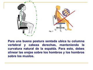 Para una buena postura sentada ubica tu columna
vertebral y cabeza derechas, manteniendo la
curvatura natural de la espalda. Para esto, debes
alinear las orejas sobre los hombros y los hombros
sobre los muslos.
 