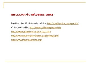 BIBLIOGRAFÍA, IMÁGENES, LINKS


Medline plus. Enciclopedia médica. http://medlineplus.gov/spanish/
Cuide la espalda. http://www.cuidelaespalda.com/
http://www.tusalud.com.mx/141601.htm
http://www.apta.org/brochures/LaEscoliosis.pdf
http://www.traumazamora.org/
 
