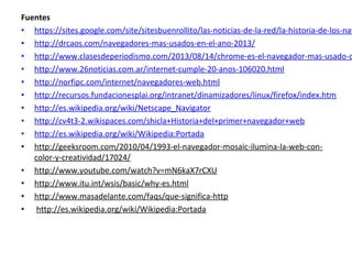 Fuentes
• https://sites.google.com/site/sitesbuenrollito/las-noticias-de-la-red/la-historia-de-los-nav
• http://drcaos.com/navegadores-mas-usados-en-el-ano-2013/
• http://www.clasesdeperiodismo.com/2013/08/14/chrome-es-el-navegador-mas-usado-d
• http://www.26noticias.com.ar/internet-cumple-20-anos-106020.html
• http://norfipc.com/internet/navegadores-web.html
• http://recursos.fundacionesplai.org/intranet/dinamizadores/linux/firefox/index.htm
• http://es.wikipedia.org/wiki/Netscape_Navigator
• http://cv4t3-2.wikispaces.com/shicla+Historia+del+primer+navegador+web
• http://es.wikipedia.org/wiki/Wikipedia:Portada
• http://geeksroom.com/2010/04/1993-el-navegador-mosaic-ilumina-la-web-concolor-y-creatividad/17024/
• http://www.youtube.com/watch?v=mN6kaX7rCXU
• http://www.itu.int/wsis/basic/why-es.html
• http://www.masadelante.com/faqs/que-significa-http
• http://es.wikipedia.org/wiki/Wikipedia:Portada

 