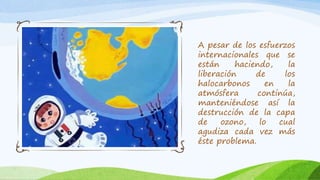 A pesar de los esfuerzos
internacionales que se
están haciendo, la
liberación de los
halocarbonos en la
atmósfera continúa,
manteniéndose así la
destrucción de la capa
de ozono, lo cual
agudiza cada vez más
éste problema.
 