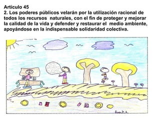 Artículo 45
2. Los poderes públicos velarán por la utilización racional de
todos los recursos naturales, con el fin de proteger y mejorar
la calidad de la vida y defender y restaurar el medio ambiente,
apoyándose en la indispensable solidaridad colectiva.
 