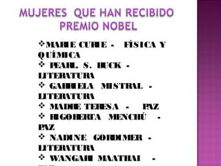MAR CUR
IE
IE - FÍSICA Y
QUÍMICA
 P
EAR S. B
L.
UCK LITER
ATUR
A
 GAB IELA MISTR
R
AL LITER
ATUR
A
 MADR TER
E
ESA P
AZ
 R
IGOB TA MENCHÚ ER
P
AZ
 NADINE GOR
DIMER LITER
ATUR
A
 WANGAR MAATHAI I

 