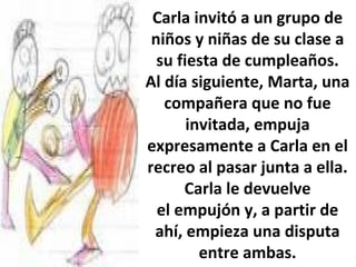 Carla invitó a un grupo de niños y niñas de su clase a su fiesta de cumpleaños. Al día siguiente, Marta, una compañera que no fue invitada, empuja expresamente a Carla en el recreo al pasar junta a ella. Carla le devuelve el empujón y, a partir de ahí, empieza una disputa entre ambas. 