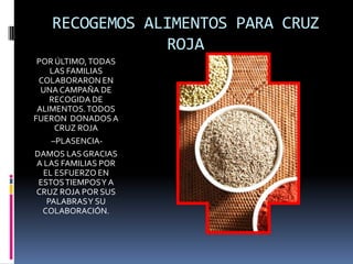 RECOGEMOS ALIMENTOS PARA CRUZ
ROJA
POR ÚLTIMO,TODAS
LAS FAMILIAS
COLABORARON EN
UNA CAMPAÑA DE
RECOGIDA DE
ALIMENTOS.TODOS
FUERON DONADOSA
CRUZ ROJA
–PLASENCIA-
DAMOS LAS GRACIAS
A LAS FAMILIAS POR
EL ESFUERZO EN
ESTOSTIEMPOSY A
CRUZ ROJA POR SUS
PALABRASY SU
COLABORACIÓN.
 