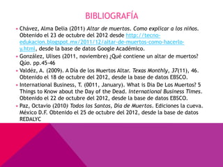 BIBLIOGRAFÍA
• Chávez, Alma Delia (2011) Altar de muertos. Como explicar a los niños.
  Obtenido el 23 de octubre del 2012 desde http://tecno-
  edukacion.blogspot.mx/2011/12/altar-de-muertos-como-hacerlo-
  y.html, desde la base de datos Google Académico.
• González, Ulises (2011, noviembre) ¿Qué contiene un altar de muertos?
  Qúo. pp.45-46
• Valdéz, A. (2009). A Día de los Muertos Altar. Texas Monthly, 37(11), 46.
  Obtenido el 18 de octubre del 2012, desde la base de datos EBSCO.
• International Business, T. (0011, January). What is Dia De Los Muertos? 5
  Things to Know about the Day of the Dead. International Business Times.
  Obtenido el 22 de octubre del 2012, desde la base de datos EBSCO.
• Paz, Octavio (2010) Todos los Santos, Día de Muertos. Ediciones la cueva.
  México D.F. Obtenido el 25 de octubre del 2012, desde la base de datos
  REDALYC
 