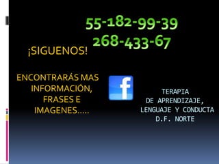 TERAPIA
DE APRENDIZAJE,
LENGUAJE Y CONDUCTA
D.F. NORTE
¡SIGUENOS!
ENCONTRARÁS MAS
INFORMACIÓN,
FRASES E
IMAGENES…..
 