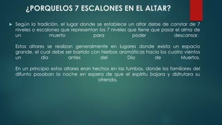 ¿PORQUELOS 7 ESCALONES EN EL ALTAR?


Según la tradición, el lugar donde se establece un altar debe de constar de 7
niveles o escalones que representan los 7 niveles que tiene que pasar el alma de
un
muerto
para
poder
descansar.
Estos altares se realizan generalmente en lugares donde exista un espacio
grande, el cual debe ser barrido con hierbas aromáticas hacia los cuatro vientos
un
día
antes
del
Día
de
Muertos.
En un principio estos altares eran hechos en las tumbas, donde los familiares del
difunto pasaban la noche en espera de que el espíritu bajara y disfrutara su
ofrenda.

 