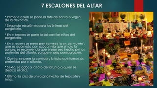 7 ESCALONES DEL ALTAR
* Primer escalón se pone la foto del santo o virgen
de la devoción.
* Segundo escalón es para las ánimas del
purgatorio.
* En el tercero se pone la sal para los niños del
purgatorio.
* En el cuarto se pone pan llamado "pan de muerto",
que es adornado con azúcar roja que simula la
sangre; se recomienda que el pan sea hecho por los
parientes del difunto, ya que es una consagración.

* Quinto, se pone la comida y la fruta que fueron los
preferidos por el difunto.
* Sexto, se coloca la foto del difunto a quien se
dedica el altar.

* Último, la cruz de un rosario hecho de tejocote y
limas.

 