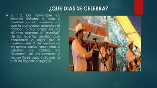 ¿QUE DIAS SE CELEBRA?


El 1ro. De noviembre los
infantes disfrutan su altar y
también es el momento en
que la campanas anuncian el
“arribo” a sus casas de los
difuntos mayores o “espíritus”
de los muertos adultos; que
comienzan a llegar por la
mañana del 2 de noviembre
en ambos casos –sean niños o
adultoslas
familias
los
”esperan” en los caminos y
riegan flores para indicarles la
ruta de llegada y regreso.

 