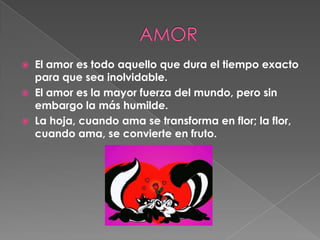 AMOREl amor es todo aquello que dura el tiempo exacto para que sea inolvidable.El amor es la mayor fuerza del mundo, pero sin embargo la más humilde.La hoja, cuando ama se transforma en flor; la flor, cuando ama, se convierte en fruto.