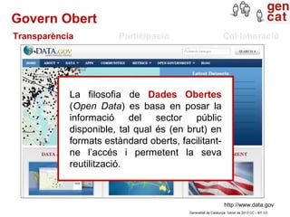Govern Obert
Transparència           Participació                          Col·laboració




            La filosofia de Dades Obertes
            (Open Data) es basa en posar la
            informació del sector públic
            disponible, tal qual és (en brut) en
            formats estàndard oberts, facilitant-
            ne l’accés i permetent la seva
            reutilització.



                                                               http://www.data.gov
                                         Generalitat de Catalunya. Gener de 2013 CC – BY 3.0
 