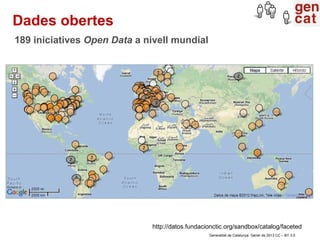Dades obertes
189 iniciatives Open Data a nivell mundial




                             http://datos.fundacionctic.org/sandbox/catalog/faceted
                                                 Generalitat de Catalunya. Gener de 2013 CC – BY 3.0
 