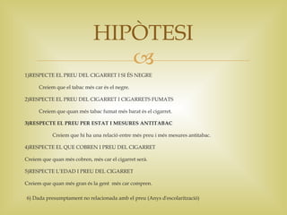 HIPÒTESI
                                 
1)RESPECTE EL PREU DEL CIGARRET I SI ÉS NEGRE

      Creiem que el tabac més car és el negre.

2)RESPECTE EL PREU DEL CIGARRET I CIGARRETS FUMATS

      Creiem que quan més tabac fumat més barat és el cigarret.

3)RESPECTE EL PREU PER ESTAT I MESURES ANTITABAC

            Creiem que hi ha una relació entre més preu i més mesures antitabac.

4)RESPECTE EL QUE COBREN I PREU DEL CIGARRET

Creiem que quan més cobren, més car el cigarret serà.

5)RESPECTE L’EDAD I PREU DEL CIGARRET

Creiem que quan més gran és la gent més car compren.

6) Dada presumptament no relacionada amb el preu (Anys d'escolarització)
 
