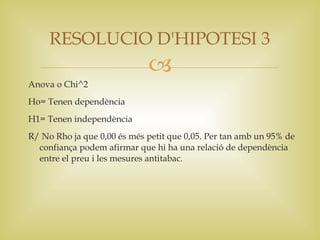 RESOLUCIO D'HIPOTESI 3
                             
Anova o Chi^2
Ho= Tenen dependència
H1= Tenen independència
R/ No Rho ja que 0,00 és més petit que 0,05. Per tan amb un 95% de
  confiança podem afirmar que hi ha una relació de dependència
  entre el preu i les mesures antitabac.
 