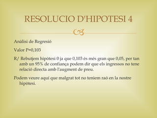 RESOLUCIO D'HIPOTESI 4
                              
Anàlisi de Regresió
Valor P=0,103
R/ Rebutjem hipòtesi 0 ja que 0,103 és més gran que 0,05, per tan
  amb un 95% de confiança podem dir que els ingressos no tene
  relació directa amb l'augment de preu.
Podem veure aquí que malgrat tot no teniem raó en la nostre
  hipòtesi.
 