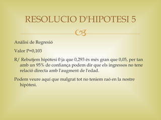 RESOLUCIO D'HIPOTESI 5
                              
Anàlisi de Regresió
Valor P=0,103
R/ Rebutjem hipòtesi 0 ja que 0,293 és més gran que 0,05, per tan
  amb un 95% de confiança podem dir que els ingressos no tene
  relació directa amb l'augment de l'edad.
Podem veure aquí que malgrat tot no teniem raó en la nostre
  hipòtesi.
 