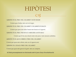 HIPÒTESI
                                 
1)RESPECTE EL PREU DEL CIGARRET I SI ÉS NEGRE

      Creiem que el tabac més car és el negre.

2)RESPECTE EL PREU DEL CIGARRET I CIGARRETS FUMATS

      Creiem que quan més tabac fumat més barat és el cigarret.

3)RESPECTE EL PREU PER ESTAT I MESURES ANTITABAC

            Creiem que hi ha una relació entre més preu i més mesures antitabac.

4)RESPECTE EL QUE COBREN I PREU DEL CIGARRET

Creiem que quan més cobren, més car el cigarret serà.

5)RESPECTE L’EDAD I PREU DEL CIGARRET

Creiem que quan més gran és la gent més car compren.

6) Dada presumptament no relacionada amb el preu (Anys d'escolarització)
 