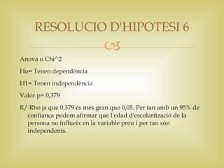 RESOLUCIO D'HIPOTESI 6
                             
Anova o Chi^2
Ho= Tenen dependència
H1= Tenen independència
Valor p= 0,379
R/ Rho ja que 0,379 és més gran que 0,05. Per tan amb un 95% de
  confiança podem afirmar que l'edad d'escolarització de la
  persona no influeix en la variable preu i per tan són
  independents.
 