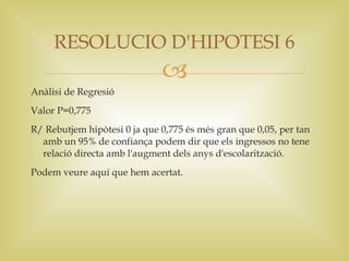 RESOLUCIO D'HIPOTESI 6
                              
Anàlisi de Regresió
Valor P=0,775
R/ Rebutjem hipòtesi 0 ja que 0,775 és més gran que 0,05, per tan
  amb un 95% de confiança podem dir que els ingressos no tene
  relació directa amb l'augment dels anys d'escolarització.
Podem veure aquí que hem acertat.
 