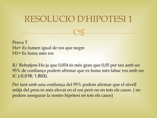 RESOLUCIO D'HIPOTESI 1
                                 
Prova T
Ho= Es fumen igual de ros que negre
H1= Es fuma més ros

R/ Rebutjem Ho ja que 0,054 és més gran que 0,05 per tan amb un
95% de confiança podem afirmar que es fuma més tabac ros amb un
IC (-0,016; 1,803).
Per tant amb una confiança del 95% podem afirmar que el nivell
mitjà del preu és més elevat en el ros però no en tots els casos. ( no
podem assegurar la nostre hipòtesi en tots els casos)
 