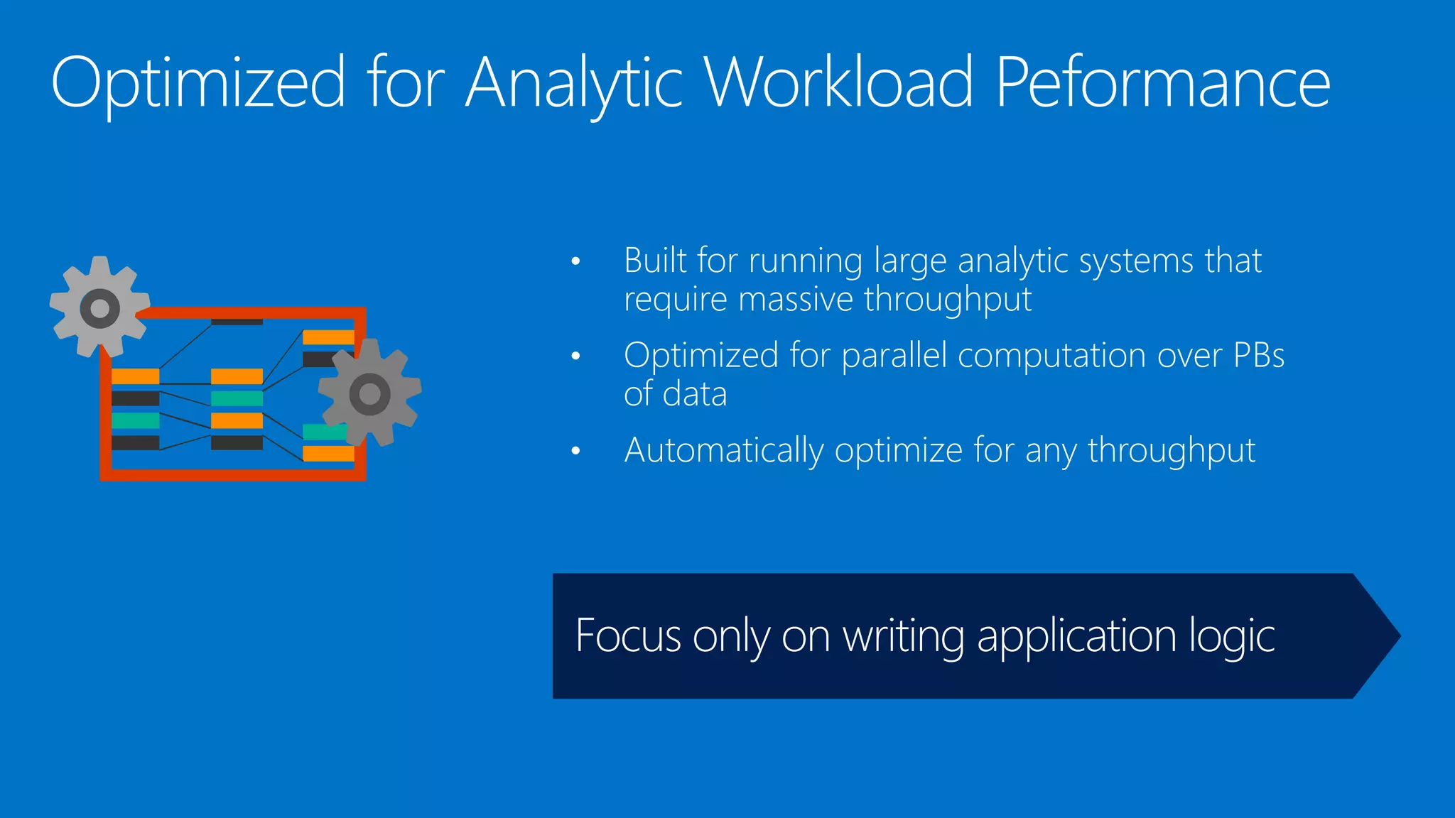 • Built for running large analytic systems that
require massive throughput
• Optimized for parallel computation over PBs
of data
• Automatically optimize for any throughput
 