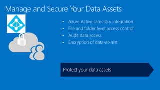• Azure Active Directory integration
• File and folder level access control
• Audit data access
• Encryption of data-at-rest
 