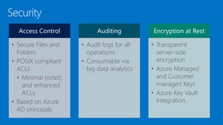 Access Control
• Secure Files and
Folders
• POSIX compliant
ACLs
• Minimal (octet)
and enhanced
ACLs
• Based on Azure
AD principals
Auditing
• Audit logs for all
operations
• Consumable via
big data analytics
Encryption at Rest
• Transparent
server-side
encryption
• Azure Managed
and Customer
managed Keys
• Azure Key Vault
Integration
 