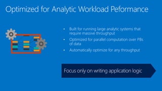 • Built for running large analytic systems that
require massive throughput
• Optimized for parallel computation over PBs
of data
• Automatically optimize for any throughput
 