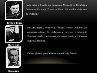 Poeta judeu e francês que nasceu em Moinesti, na Romênia, e
                faleceu em Paris aos 67 anos de idade. Foi um dos iniciadores
                do Dadaísmo.


Tristan Tzara
                 Foi um poeta , escritor e filósofo alemão. Foi um dos
                 principais artistas do Dadaísmo e escreveu o Manifesto
                 Dadaísta, sendo considerado por muitos teóricos o inventor
                 da poesia fonética.
Hugo Ball


                 Foi um pintor e poeta alemão, naturalizado francês.




Hans Arp
 