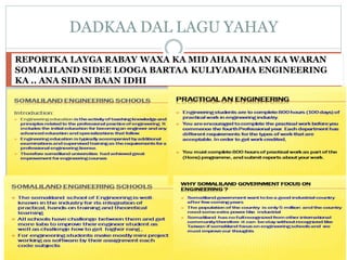 REPORTKA LAYGA RABAY WAXA KA MID AHAA INAAN KA WARAN
SOMALILAND SIDEE LOOGA BARTAA KULIYADAHA ENGINEERING
KA .. ANA SIDAN BAAN IDHI
DADKAA DAL LAGU YAHAY
 