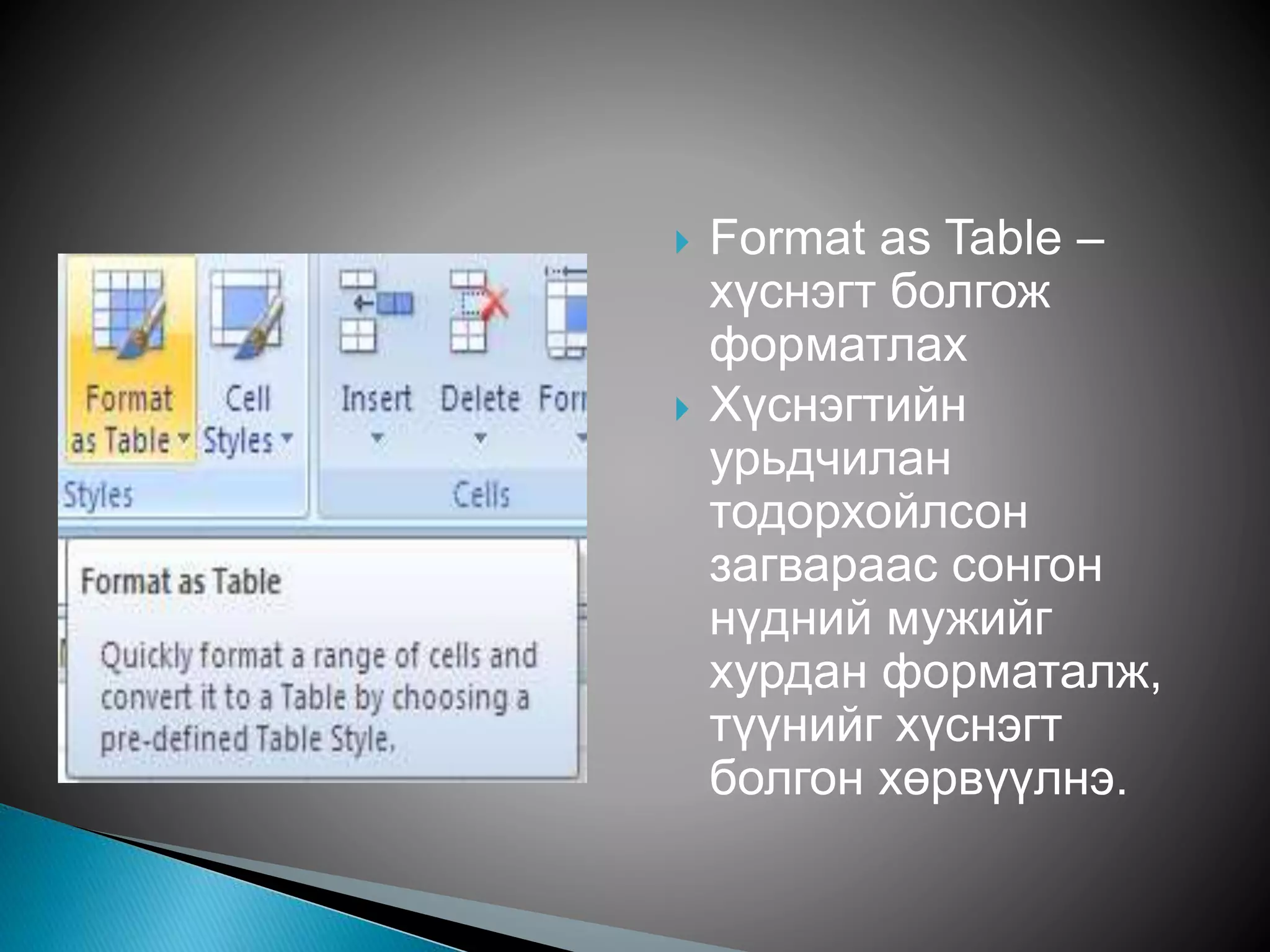  Format as Table – 
хүснэгт болгож 
форматлах 
 Хүснэгтийн 
урьдчилан 
тодорхойлсон 
загвараас сонгон 
нүдний мужийг 
хурдан форматалж, 
түүнийг хүснэгт 
болгон хөрвүүлнэ. 
 