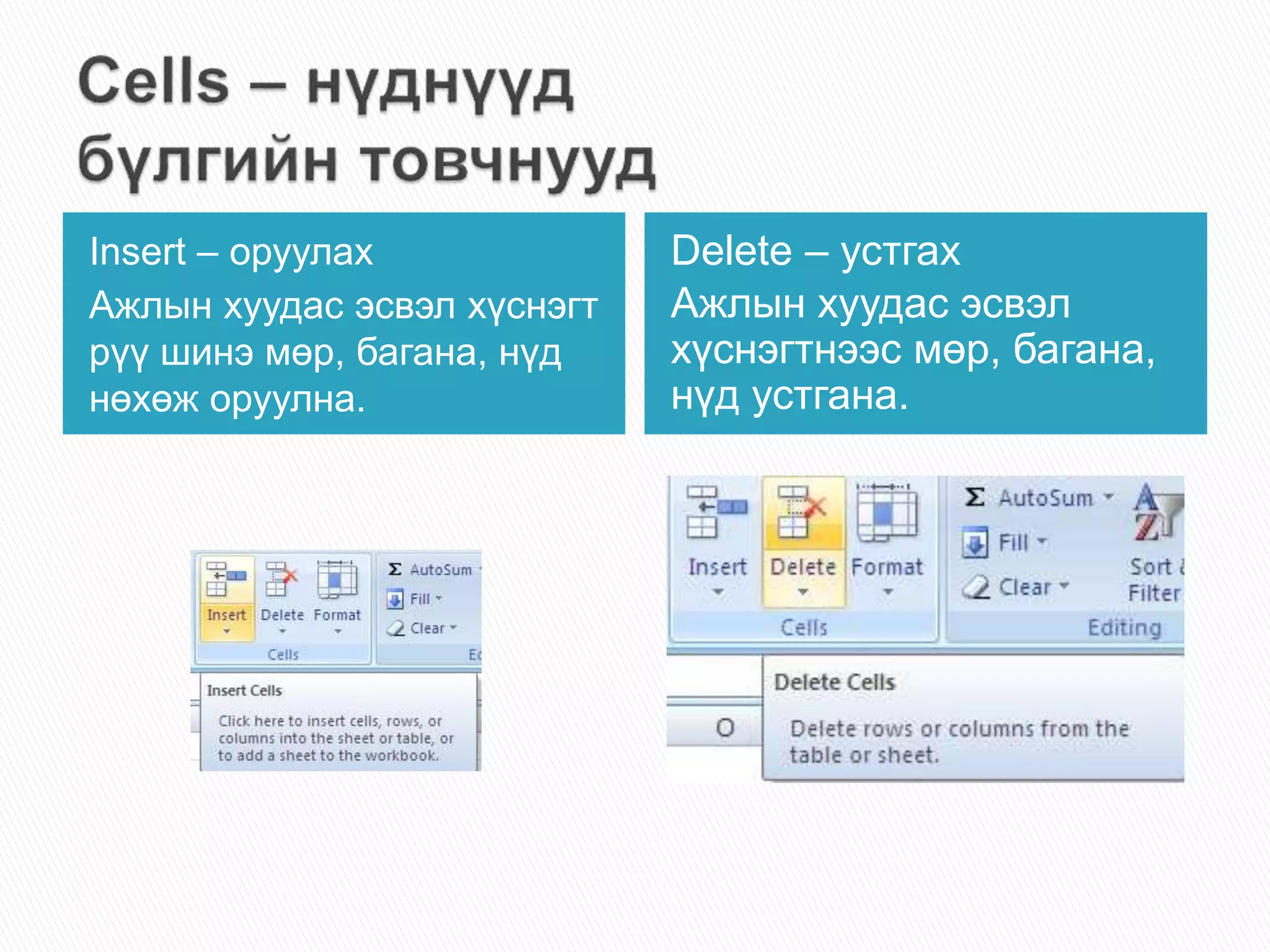 Insert – оруулах 
Ажлын хуудас эсвэл хүснэгт 
рүү шинэ мөр, багана, нүд 
нөхөж оруулна. 
Delete – устгах 
Ажлын хуудас эсвэл 
хүснэгтнээс мөр, багана, 
нүд устгана. 
 