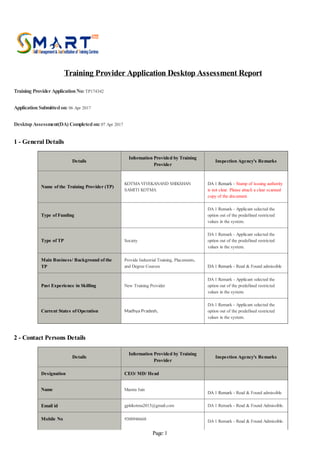 Training Provider Application Desktop Assessment Report
Training ProviderApplicationNo:TP174342
ApplicationSubmittedon: 06 Apr 2017
DesktopAssessment(DA) Completedon:07 Apr 2017
1 - General Details
Details
Information Provided by Training
Provider
Inspection Agency's Remarks
Name of the Training Provider (TP)
KOTMA VIVEKANAND SHIKSHAN
SAMITI KOTMA
DA 1 Remark - Stamp of issuing authority
is not clear. Please attach a clear scanned
copy of the document.
Type of Funding
DA 1 Remark - Applicant selected the
option out of the predefined restricted
values in the system.
Type of TP Society
DA 1 Remark - Applicant selected the
option out of the predefined restricted
values in the system.
Main Business/ Background of the
TP
Provide Industrial Training, Placements,
and Degree Courses DA 1 Remark - Read & Found admissible
Past Experience in Skilling New Training Provider
DA 1 Remark - Applicant selected the
option out of the predefined restricted
values in the system.
Current States of Operation Madhya Pradesh,
DA 1 Remark - Applicant selected the
option out of the predefined restricted
values in the system.
2 - Contact Persons Details
Details
Information Provided by Training
Provider
Inspection Agency's Remarks
Designation CEO/ MD/ Head
Name Mamta Jain
DA 1 Remark - Read & Found admissible
Email id gpitikotma2015@gmail.com DA 1 Remark - Read & Found Admissible.
Mobile No 9300946668 DA 1 Remark - Read & Found Admissible.
Page:1
 