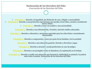 Declaración de los Derechos del Niño
                               Convención de los Derechos del Niño




          Principio 1. Derecho a la igualdad, sin distinción de raza, religión o nacionalidad.
   Principio 2. Derecho a una protección especial para que puedan crecer física, mental y socialmente
                                             sanos y libres.
                   Principio 3. Derecho a tener un nombre y una nacionalidad.
                                                    
               Principio 4. Derecho a una alimentación, vivienda y atención médica adecuadas.
                                                    
      Principio 5. Derecho a educación y atenciones especiales para los niños física o mentalmente
                                            disminuidos.
                                                    
             Principio 6. Derecho a comprensión y amor por parte de las familias y de la sociedad.
                                                    
                 Principio 7. Derecho a una educación gratuita. Derecho a divertirse y jugar.
                                                    
                   Principio 8. Derecho a atención y ayuda preferentes en caso de peligro.
                                                    
          Principio 9. Derecho a ser protegido contra el abandono y la explotación en el trabajo.
                                                    
     Principio 10. Derecho a recibir una educación que fomente la solidaridad, la amistad y la justicia
                      entre todo el mundo. Declaración de los Derechos del Niño:
                                                    
 