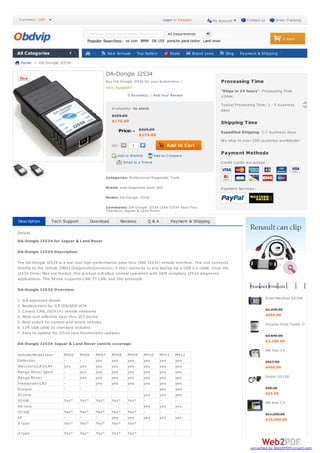 New Arrivals Top Sellers Deals Brand zone Blog Payment & Shipping
Qty: 1
Add to Wishlist Add to Compare
Email to a Friend
DA-Dongle J2534
Buy DA-Dongle J2534 for your Automotive !
SKU: Auto0047
0 Review(s) | Add Your Review
Availability: In stock
$325.00
$175.00
$325.00
$175.00
Categories: Professional Diagnostic Tools
Brand: auto diagnostic tools obd
Model: DA-Dongle J2534
Comments: DA-Dongle J2534 (SAE J2534 Pass-Thru
Interface) Jaguar & Land Rover
Processing Time
"Ships in 24 hours": Processing Time
≤24Hr.
Typical Processing Time: 1 - 5 business
days
Shipping Time
Expedited Shipping: 3-7 business days
We ship to over 200 countries worldwide!
Payment Methods
Credit Cards we accept:
Payment Services:
Description Tech Support Download Reviews Q & A Payment & Shipping
Details
DA-Dongle J2534 for Jaguar & Land Rover
DA-Dongle J2534 Description:
The DA-Dongle J2534 is a low cost high-performance pass-thru (SAE J2534) vehicle interface. This unit connects
directly to the vehicle OBDII (Diagnostic)connector; it then connects to any laptop via a USB 2.0 cable. Once the
J2534 Driver files are loaded, this product will allow normal operation with OEM compliant J2534 diagnostic
applications. This device supports CAN, FT CAN, and ISO protocols
DA-Dongle J2534 Overview:
1. JLR approved device
2. Replacement for JLR IDS/SDD VCM
3. Covers CAN, ISO9141 vehicle networks
4. Most cost effective pass-thru VCI device
5. Best suited for current and future vehicles
6. 12ft USB cable as standard included
7. Easy to update for J2534 new functionality updates
DA-Dongle J2534 Jaguar & Land Rover vehicle coverage:
Vehicle/Model Year MY05 MY06 MY07 MY08 MY09 MY10 MY11 MY12
Defender - - yes yes yes yes yes yes
Discovery/LR3/LR4 yes yes yes yes yes yes yes yes
Range Rover Sport - yes yes yes yes yes yes yes
Range Rover - yes yes yes yes yes yes yes
Freelander/LR2 - - yes yes yes yes yes yes
Evoque - - - - - - yes yes
XJ-new yes yes yes
XJ-old Yes* Yes* Yes* Yes* Yes* - - -
XK-new yes yes yes
XF-old Yes* Yes* Yes* Yes* Yes* - - -
XF - - - yes yes yes yes yes
S type Yes* Yes* Yes* Yes* Yes*
X type Yes* Yes* Yes* Yes* Yes*
Featured Products
Autel MaxiDas DS708
$1,235.00
$950.00
Porsche Piwis Tester II
$2,640.00
$2,100.00
MB Star C4
$517.50
$450.00
Delphi DS150
$58.30
$53.00
MB Star C5
$11,200.00
$10,000.00
Home » DA-Dongle J2534
Order TrackingContact us
Popular Searches: vo com BMW DS 150 porsche piwis tester Land rover
Launch 708 volvo More »
type your need check items keywords All Departments
0 item
SEARCH
All Categories
Add to Cart
Price:
Currency: USD My AccountLogin or Register
converted by Web2PDFConvert.com
 