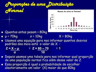 Proporções de uma Distribuição
    Normal                                              Massas de antas no Pantanal
                                              500
                                              400




                                Número de antas
                                              300
                                              200
                                              100
                                                  0
                                                      0 10 20 30 40 50 60 70 80 90 100 110 120 130 140

    Quantos antas pesam > 80kg
                                                                      Massa (kg)

   μ = 70kg        σ = 10kg             X = 80kg
   Usamos uma equação para nos informar quantos desvios
    padrões doa meia está o valor de X :
     Z=X–μ         = Z = 80 – 70       =1
          σ                  10
   Depois usamos uma tabela para nos informar qual proporção
    de uma população normal fica além desse valor de Z
   Essa proporção é igual a probabilidade de escolher
    aleatoriamente um valor (X) maior do que 80kg
 