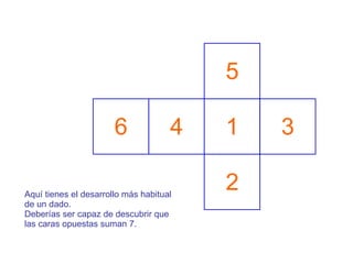 5 1 2 3 4 6 Aquí tienes el desarrollo más habitual de un dado. Deberías ser capaz de descubrir que las caras opuestas suman 7. 