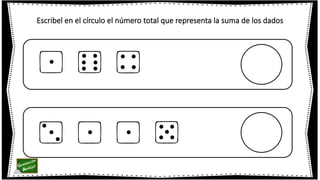 Escribel en el círculo el número total que representa la suma de los dados
 