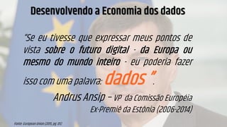 LGPD
GDPR
Transformação
Digital
Governo
Digital Experiência
do Usuário
Startups
Dados Abertos
Ciência de Dados
Simplificação
OmniChannel
Data-Driven
Dados Pessoais
Direito Digital
Desenvolvendo a Economia dos dados
Fonte: European Union (2015, pg. 05)
“Se eu tivesse que expressar meus pontos de
vista sobre o futuro digital - da Europa ou
mesmo do mundo inteiro - eu poderia fazer
isso com uma palavra: dados ”.
Andrus Ansip – VP da Comissão Européia
Ex-Premiê da Estônia (2006-2014)
 