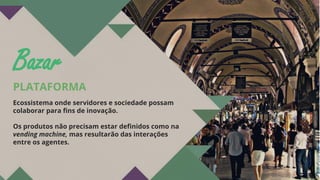 Bazar
PLATAFORMA
Ecossistema onde servidores e sociedade possam
colaborar para fins de inovação.
Os produtos não precisam estar definidos como na
vending machine, mas resultarão das interações
entre os agentes.
 