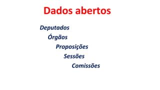 Dados abertos
Deputados
Órgãos
Proposições
Sessões
Comissões
 