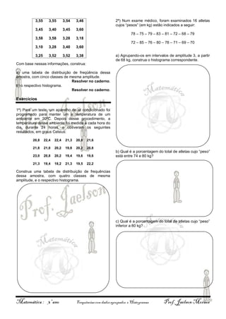 3,55

3,55

3,54

3,45

3,40

3,45

3,60

3,58

3,58

3,28

3,18

3,10

3,28

3,40

3,60

3,25

3,52

3,52

2ª) Num exame médico, foram examinados 16 atletas
cujos “pesos” (em kg) estão indicados a seguir:

3,46

3,38

78 – 75 – 79 – 83 – 81 – 72 – 68 – 79
72 – 85 – 76 – 80 – 78 – 71 – 69 – 70

a) Agrupando-os em intervalos de amplitude 3, a partir
de 68 kg, construa o histograma correspondente.

Com base nessas informações, construa:
a) uma tabela de distribuição de freqüência dessa
amostra, com cinco classes de mesma amplitude.
Resolver no caderno.
b) o respectivo histograma.
Resolver no caderno.

Exercícios
1ª) Para um teste, um aparelho de ar condicionado foi
programado para manter um a temperatura de um
ambiente em 20ºC. Depois desse procedimento, a
temperatura desse ambiente foi medida a cada hora do
dia, durante 24 horas, e obtiveram os seguintes
resultados, em graus Celsius:
20,8

22,4

22,4

21,3

20,0

21,6

21,8

21,0

20,2

19,8

20,2

20,8

23,0

20,8

20,2

19,4

19,6

19,6

21,3

19,4

18,2

21,3

19,5

22,2

b) Qual é a porcentagem do total de atletas cujo “peso”
está entre 74 e 80 kg?

Construa uma tabela de distribuição de frequências
dessa amostra, com quatro classes de mesma
amplitude, e o respectivo histograma.

c) Qual é a porcentagem do total de atletas cujo “peso”
inferior a 80 kg?

Matemática : 3º ano

Frequências com dados agrupados e Histogramas

Prof. Jaelson Moraes

 
