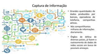 Captura de Informação
• Grandes quantidades de
dados produzidos por
bancos, operadoras de
telefonia, companhias
aéreas.
• Nós compartilhamos
milhares de informações
diariamente.
• Órgãos de defesa de
diversos países, já fazem o
rastreamento de dados de
redes sociais em busca de
possíveis ameaças.
 