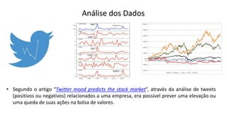 Análise dos Dados
• Segundo o artigo “Twitter mood predicts the stock market”, através da análise de tweets
(positivos ou negativos) relacionados a uma empresa, era possível prever uma elevação ou
uma queda de suas ações na bolsa de valores.
 