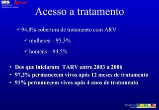 Acesso a tratamento 94,8% cobertura de tratamento com ARV mulheres – 95,3% homens – 94,5% Dos que iniciaram  TARV entre 2003 a 2006  97,2% permanecem vivos após 12 meses de tratamento 91% permanecem vivos após 4 anos de tratamento 