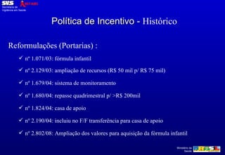 Reformulações (Portarias) : nº 1.071/03: fórmula infantil nº 2.129/03: ampliação de recursos (R$ 50 mil p/ R$ 75 mil) nº 1.679/04: sistema de monitoramento  nº 1.680/04: repasse quadrimestral p/ >R$ 200mil  nº 1.824/04: casa de apoio nº 2.190/04: incluiu no F/F transferência para casa de apoio nº 2.802/08: Ampliação dos valores para aquisição da fórmula infantil Política de Incentivo -  Histórico 