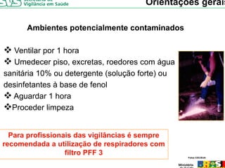 Orientações gerais

      Ambientes potencialmente contaminados

   Ventilar por 1 hora
   Umedecer piso excretas roedores com água
               piso, excretas,
sanitária 10% ou detergente (solução forte) ou
desinfetantes à base de fenol
  Aguardar 1 hora
  Proceder limpeza


  Para profissionais das vigilâncias é sempre
recomendada a utilização de respiradores com
                  filtro
                  filt PFF 3                     Fotos CDC/EUA
 