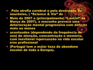 • _Pela atrofia cerebral e pela destruição de
neurônios, ( “Science & Vie” de
• Maio de 2007 e (principalmente) “Lancet” de
Março de 2007), a maconha provoca uma
deterioração mental progressiva com déficits
mais ou menos
• acentuados (dependendo da frequência de
uso) de atenção, concentração e memória,
com inevitável repercussão na vida escolar
e/ou profissional
• (Portugal tem a maior taxa de abandono
escolar de toda a Europa).
 